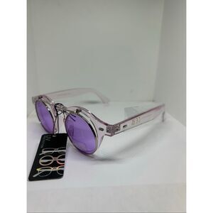 Retro Flip Up Round Sunglasses Purple Lens Clear Frame UV Protection